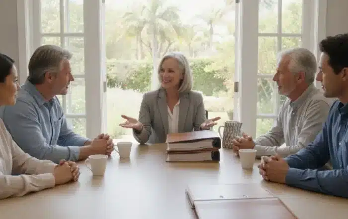 Family reviewing estate planning documents with an attorney at a table
