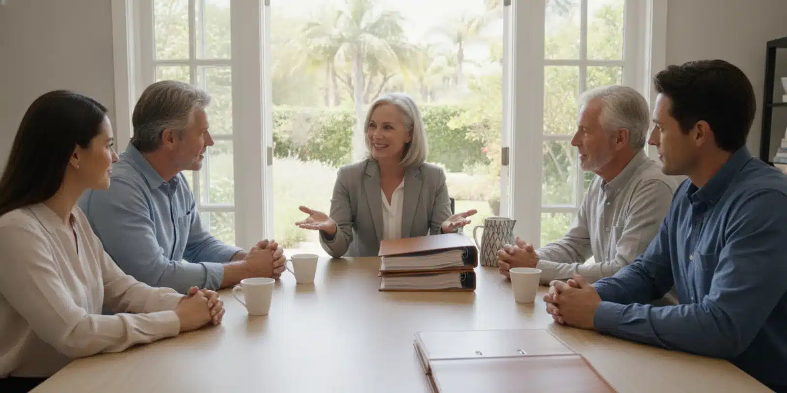 Family reviewing estate planning documents with an attorney at a table