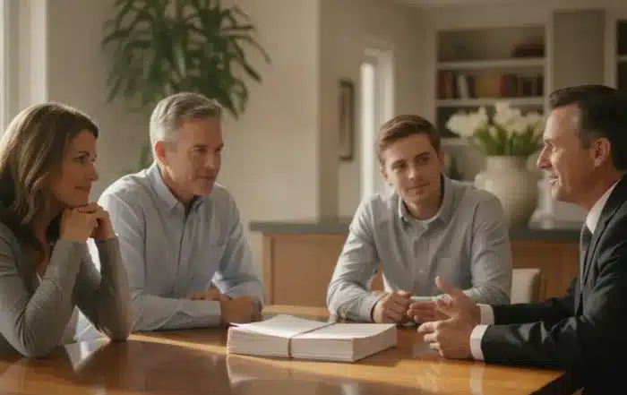 Family reviewing trust papers with an attorney at a table