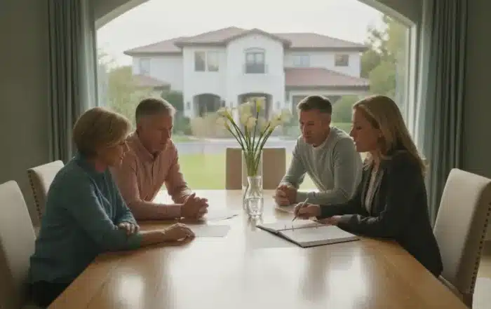 Trust documents and a home key on a desk during a family estate planning discussion