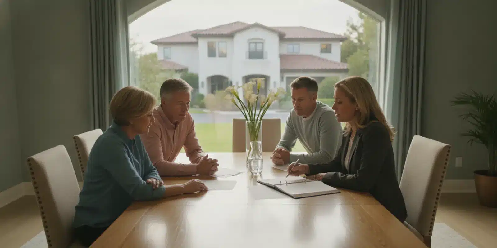how-long-does-a-beneficiary-own-trust-property-in-california-581170 Trust documents and a home key on a desk during a family estate planning discussion