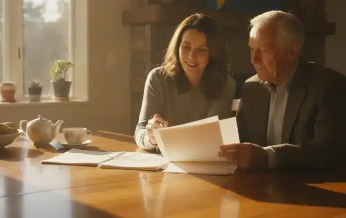 Adult daughter and older parent reviewing estate planning papers together at a kitchen table