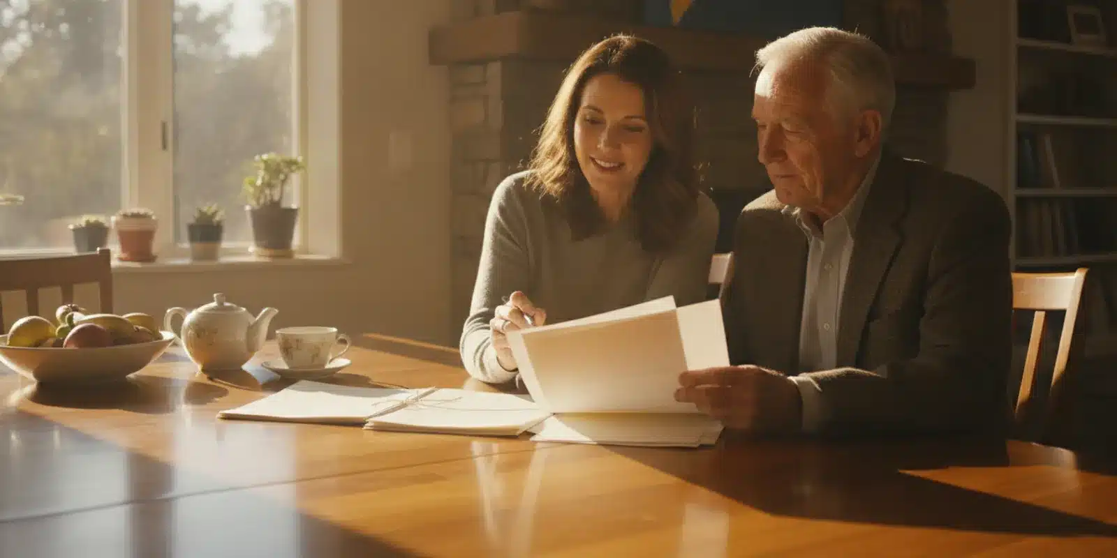 Adult daughter and older parent reviewing estate planning papers together at a kitchen table