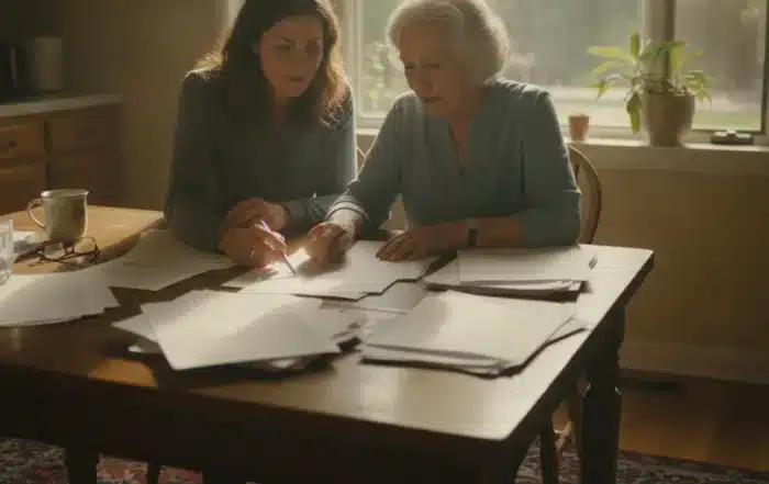 Adult daughter and older parent reviewing care planning papers together