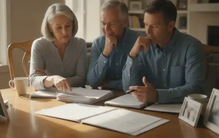 Family reviewing retirement and estate planning documents at a table