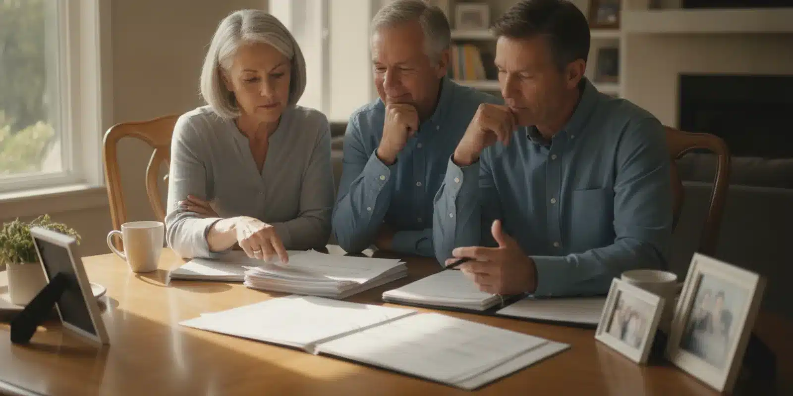 Family reviewing retirement and estate planning documents at a table