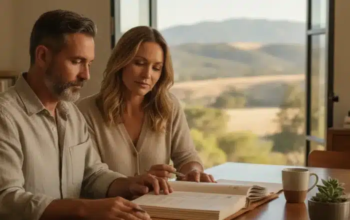 California business owners reviewing an LLC agreement and estate plan with an advisor