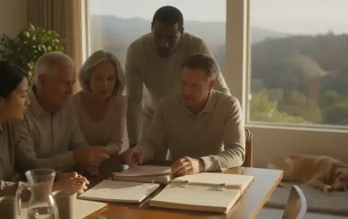 Family members reviewing estate documents with an attorney at a table
