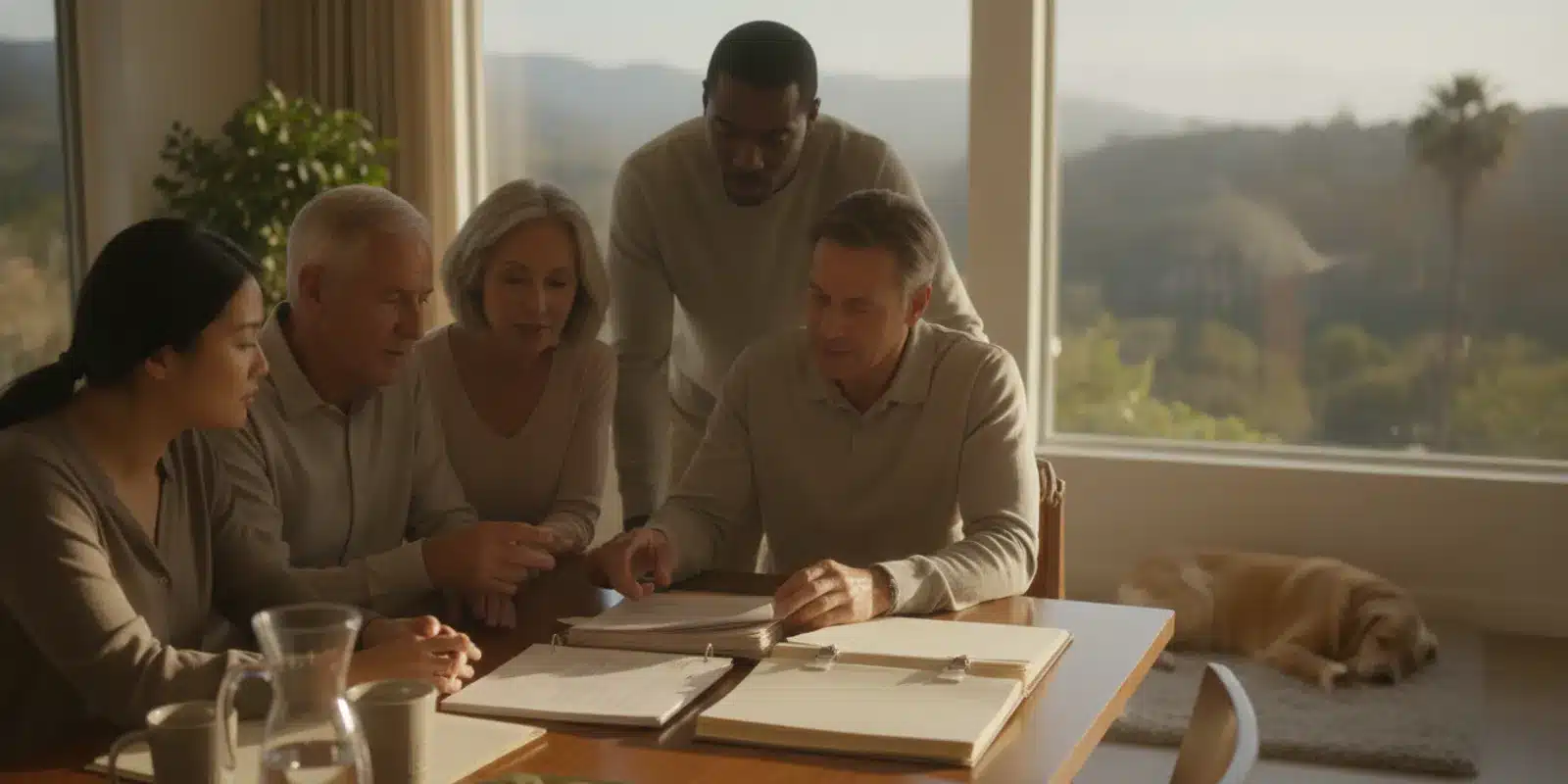 Family members reviewing estate documents with an attorney at a table