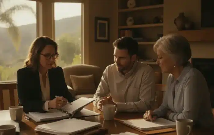 Trustee reviewing estate documents at a table with family members
