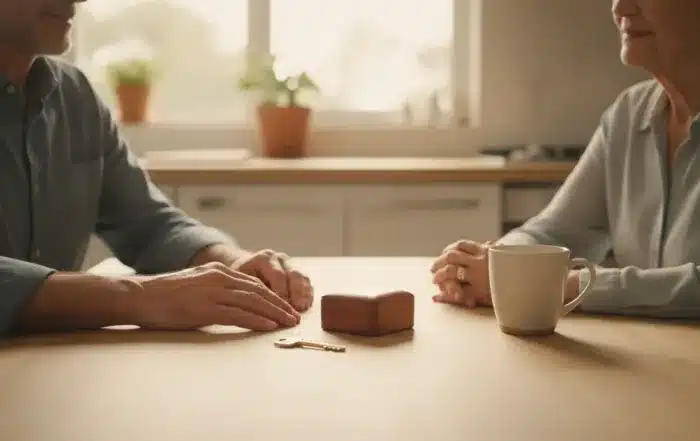 Two adults at a kitchen table with a house key and a closed jewelry box