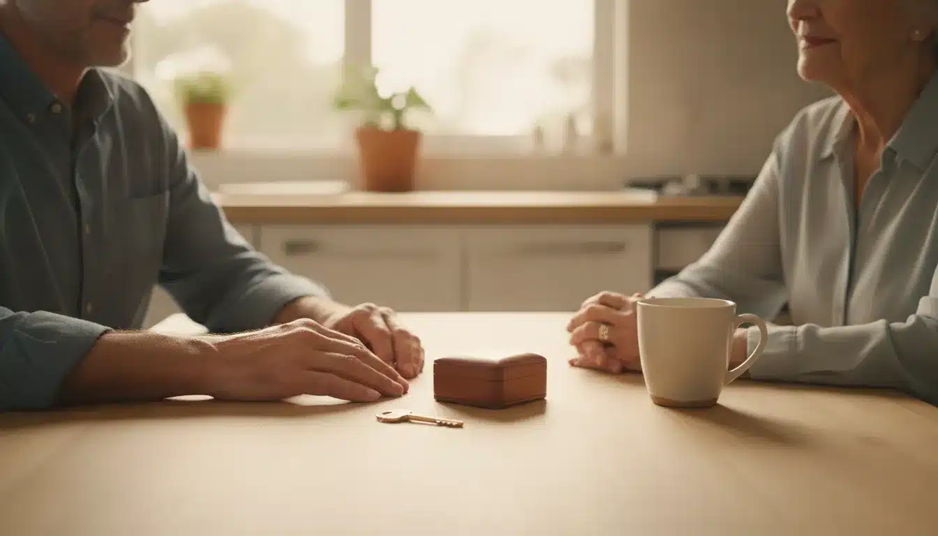 what-is-a-probate-estate-in-california-514767 Two adults at a kitchen table with a house key and a closed jewelry box