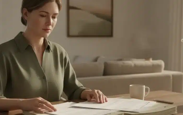 Beneficiary reviewing trust documents and financial records with an advisor at a table