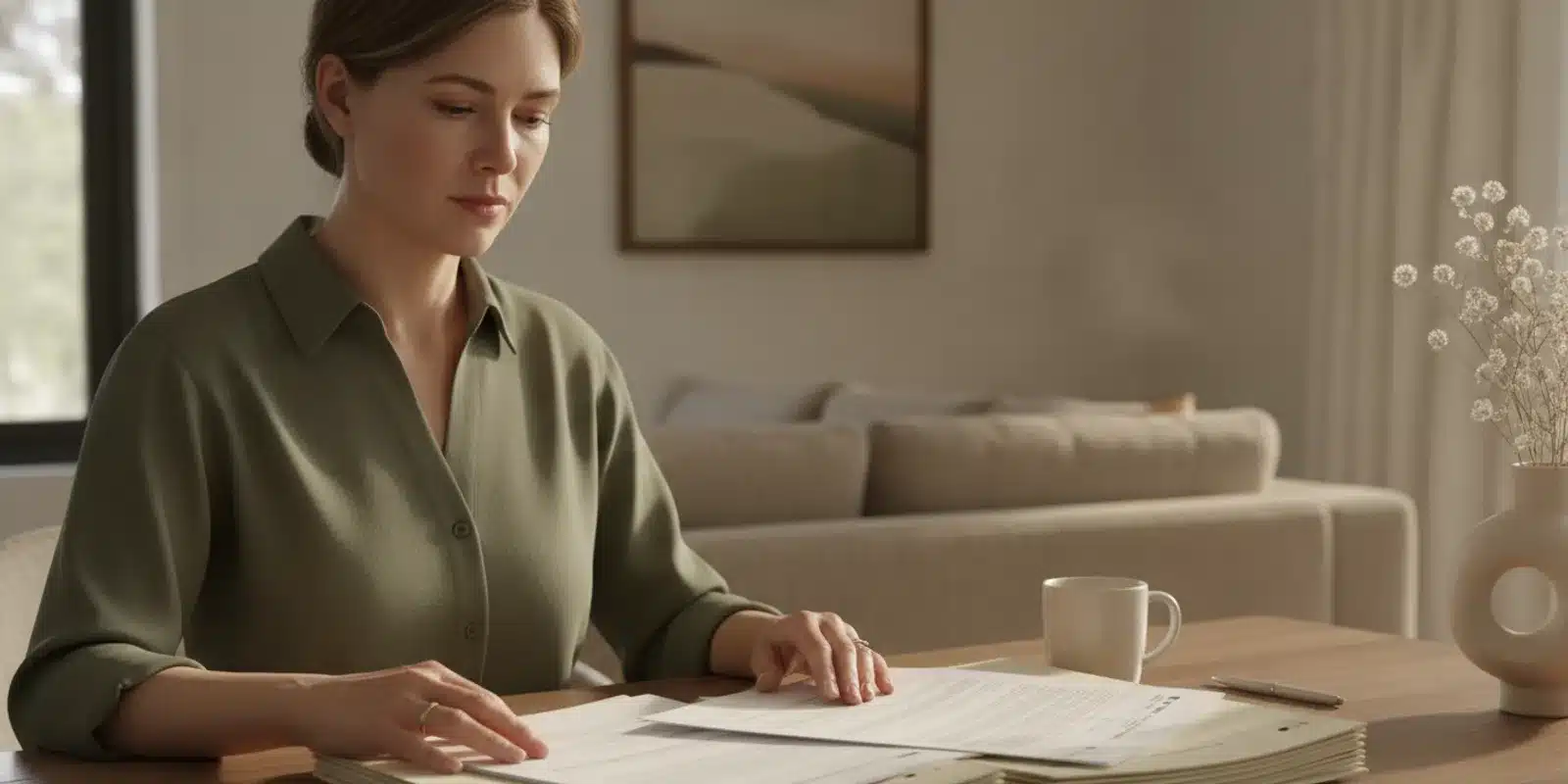 Beneficiary reviewing trust documents and financial records with an advisor at a table
