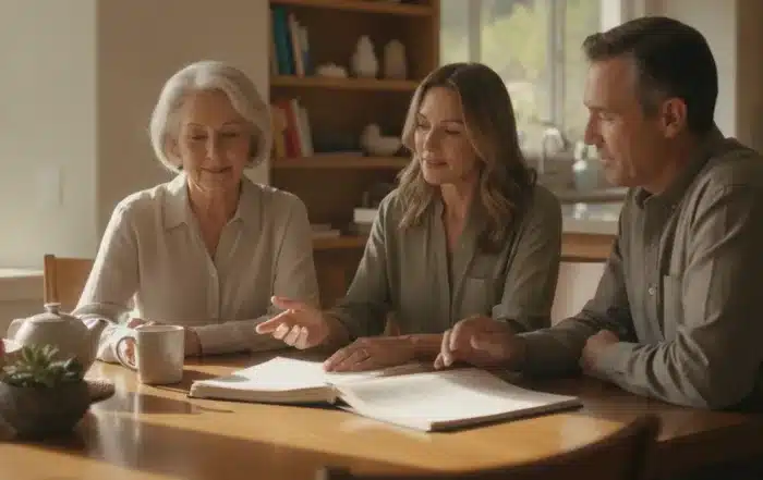 Family reviewing estate planning papers together at a kitchen table