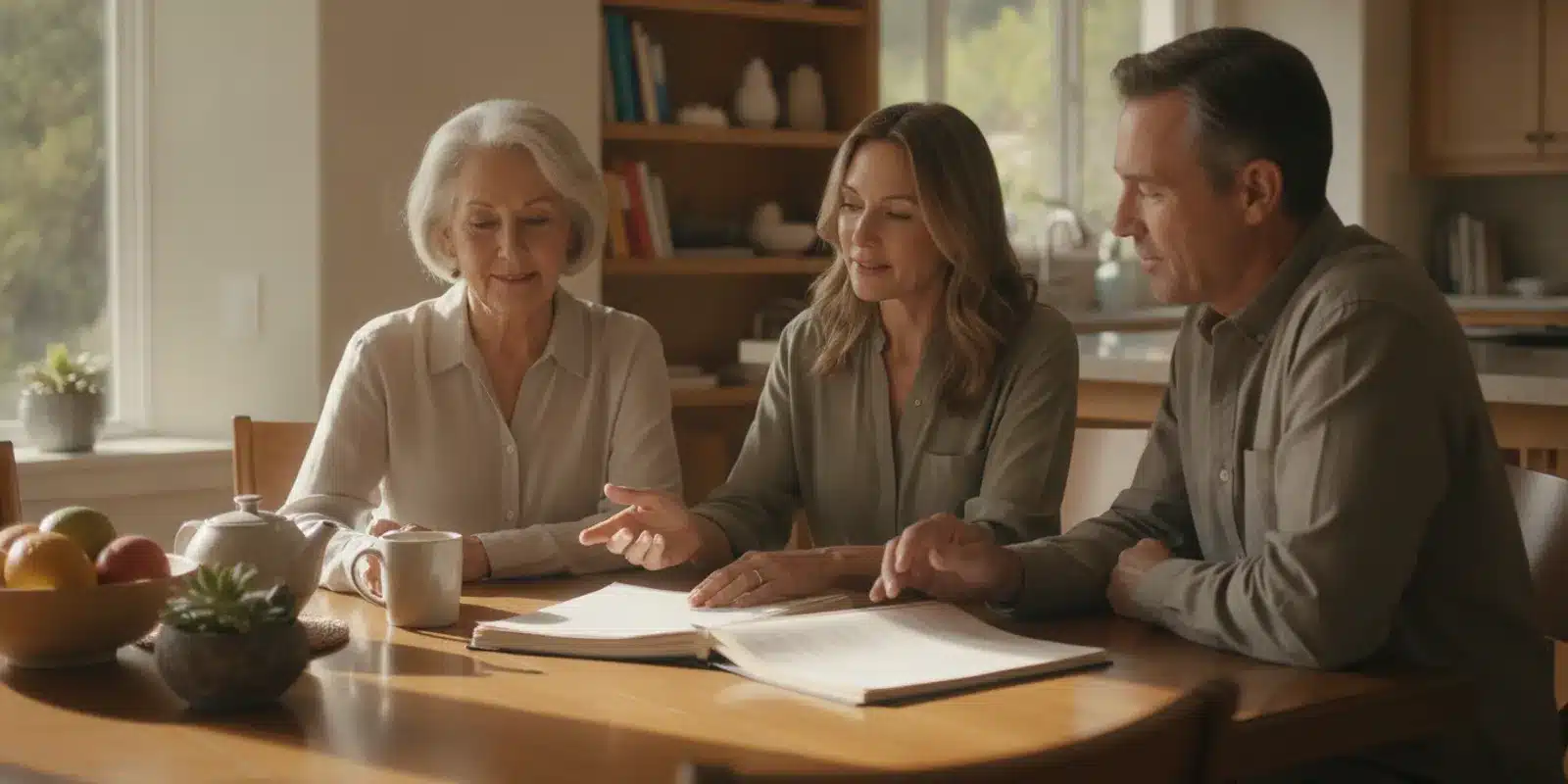 wills-and-trusts-in-california-how-the-pieces-work-together-886475 Family reviewing estate planning papers together at a kitchen table