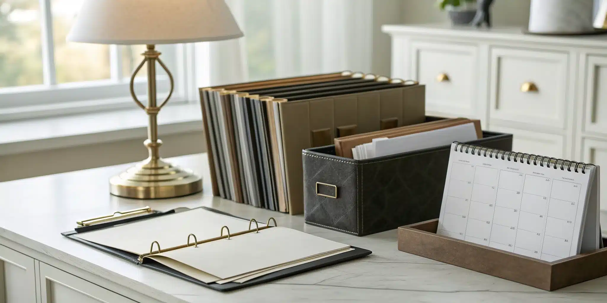 Desk with binders and folders laid out with the essentials for how to create a will.