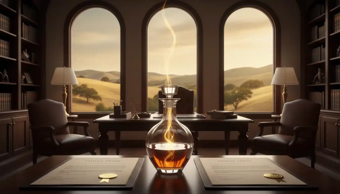 Trust decanting in California represented by a glass decanter and legal documents